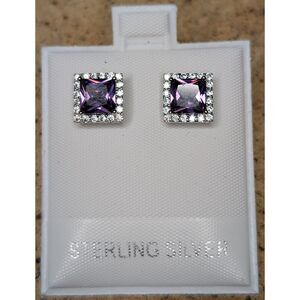 Sterling Silver Purple Gemstone Stud Earrings – Square Cut with Clear Accents